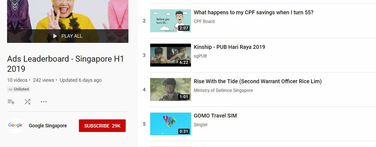 Top 10 YouTube Ads Singapore H1 2019