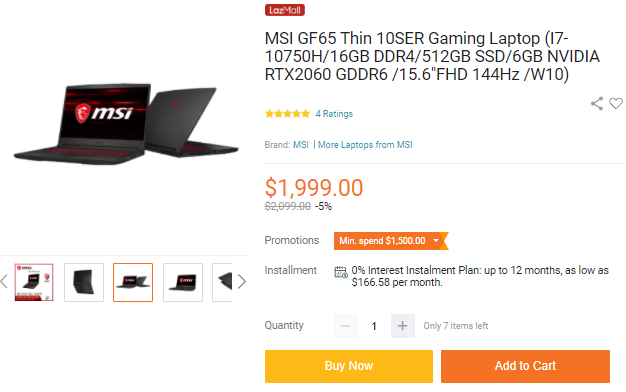 MSI 15-inch Gaming Laptop GF65 Thin