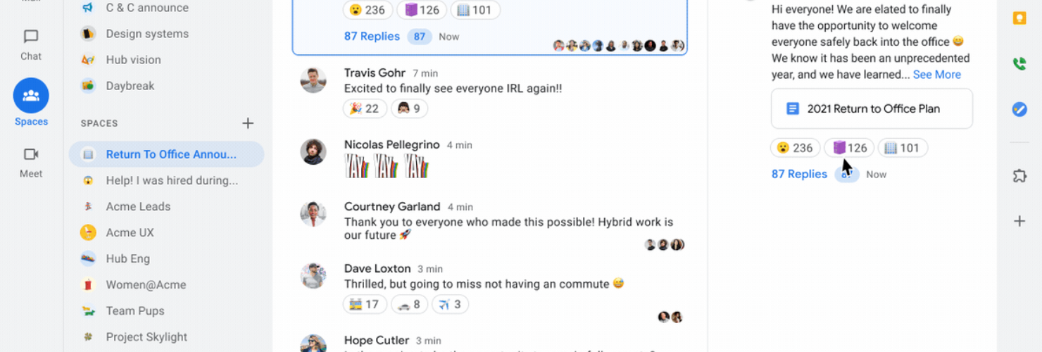 Google Spaces With Reactions and Pinned Messages