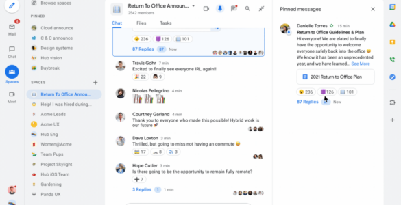 Google Spaces With Reactions and Pinned Messages