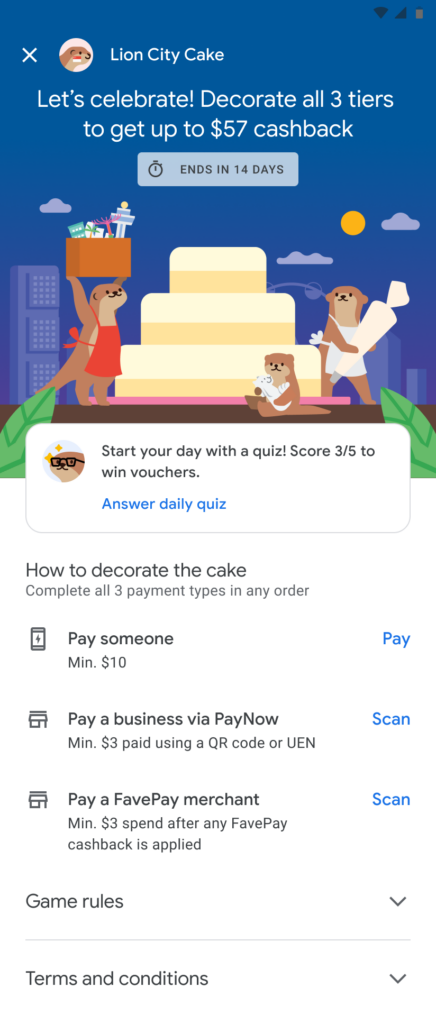 Google Pay Lion City Cake - Starting Page